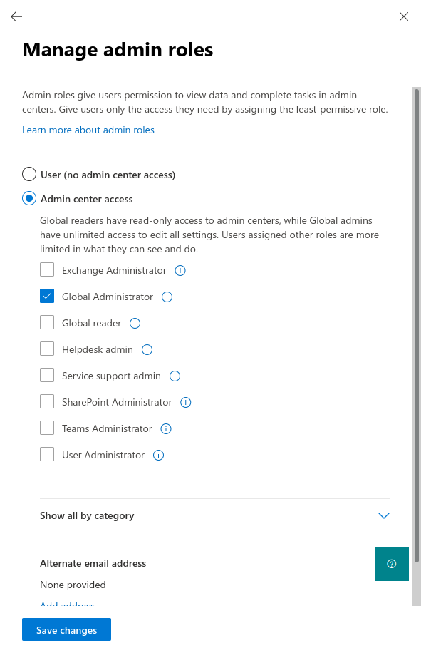 Administration roles management settings.