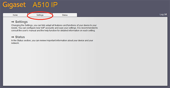 Settings tab section of the Gigaset.