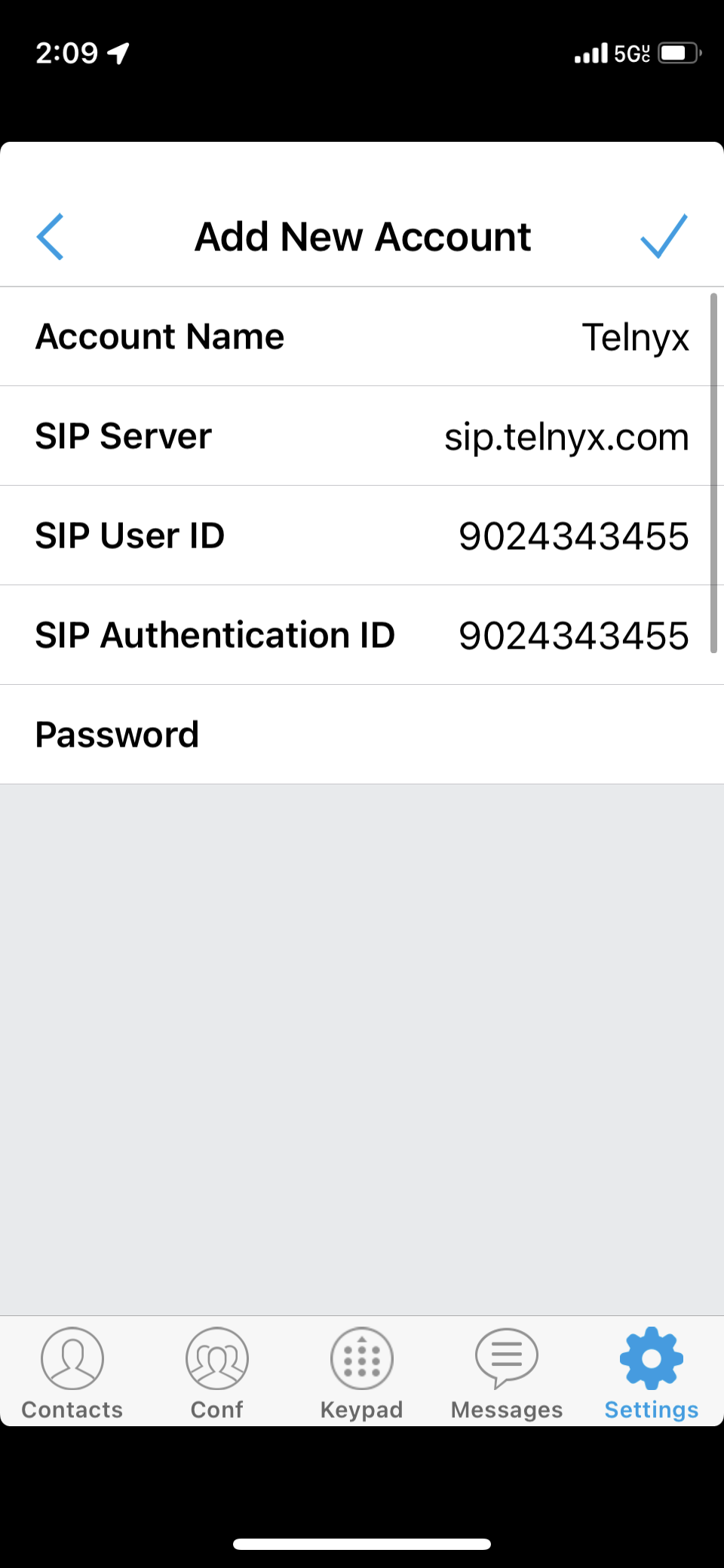 SIP Account settings on the Wave Lite app.
