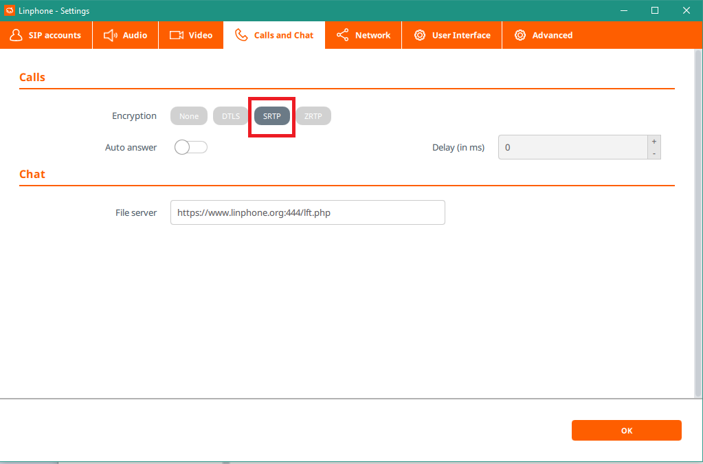 Linphone encryption configuration interface 3.