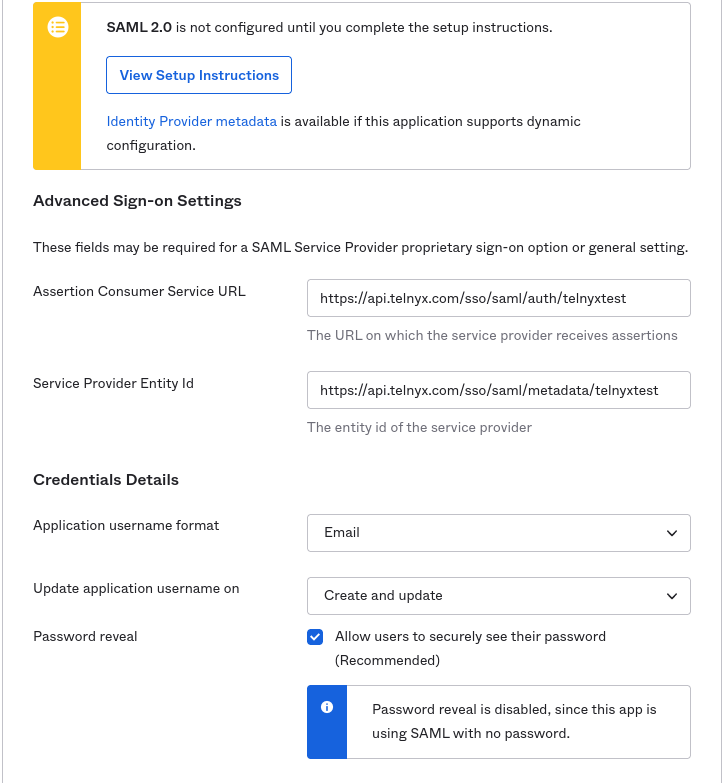 Advanced Sign-On settings page.
