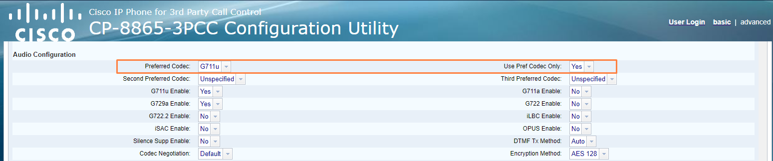 Audio configuration section.