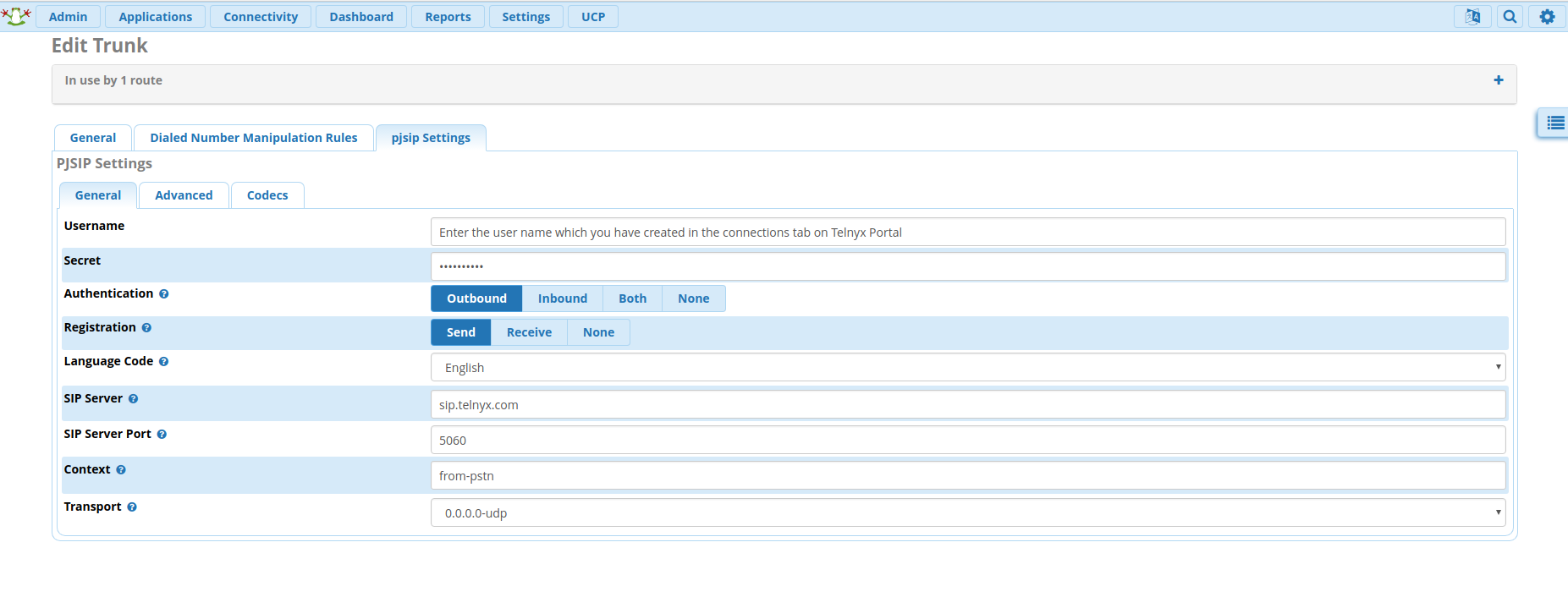 General sub-tab of the PJSIP Settings.