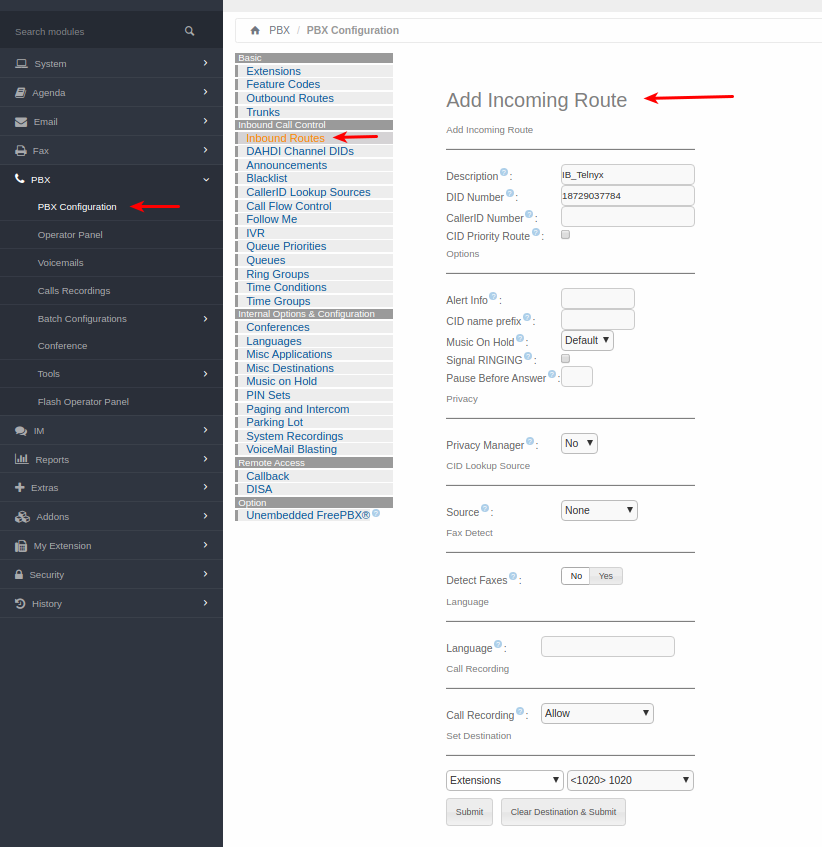 PBX configurations' page for inbound routes.