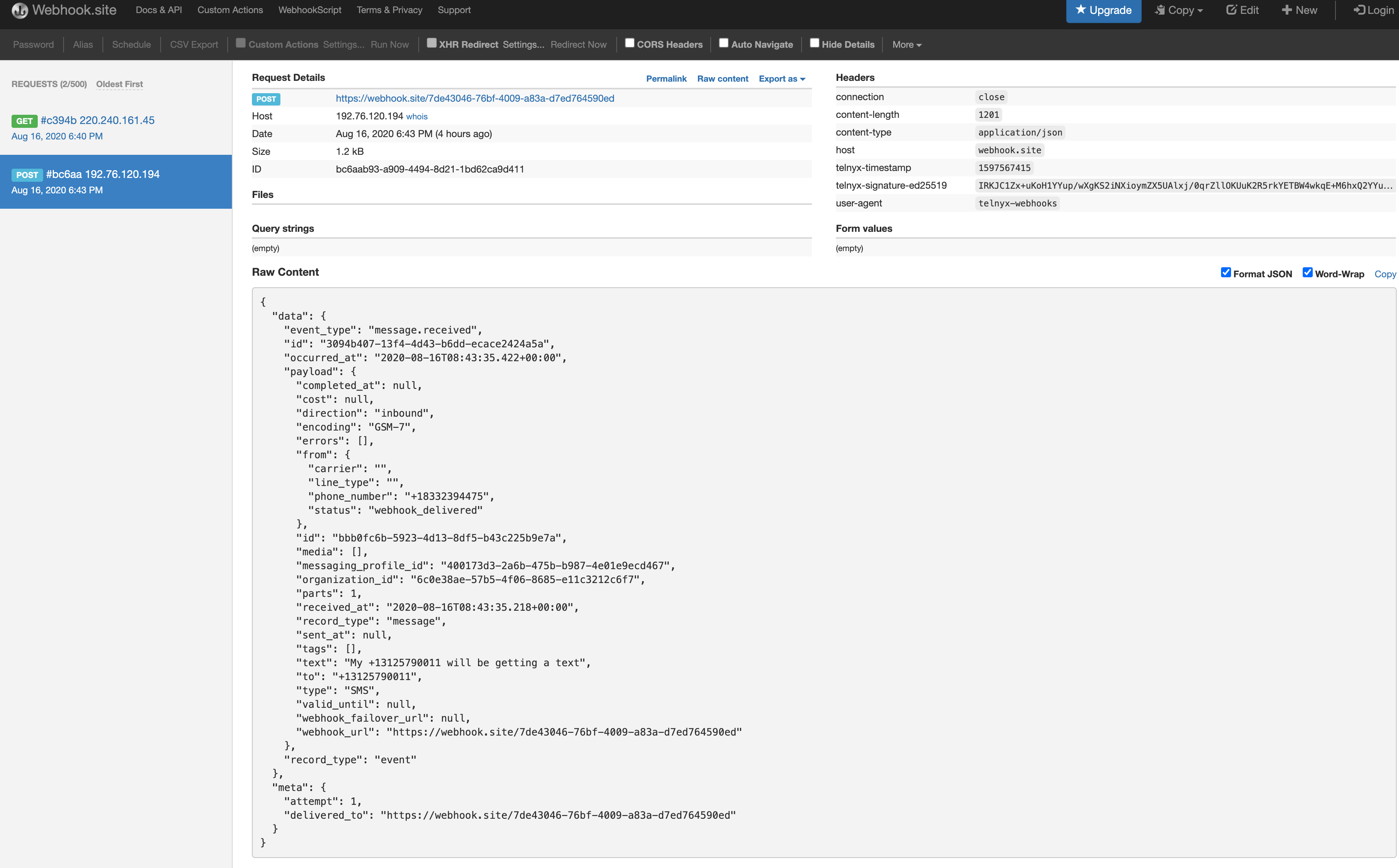 Sent SMS dashboard.
