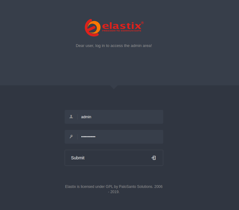 Elastix system login interface.