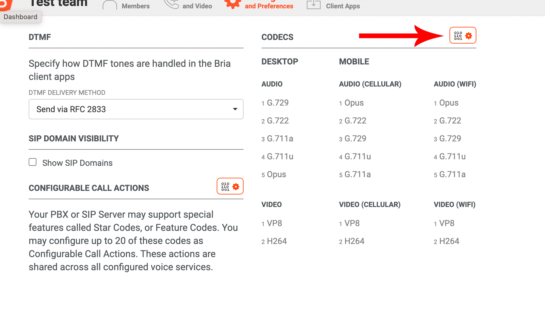 Codecs settings.