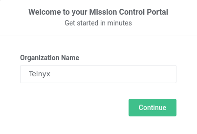 Organization Name pop-up and continue button