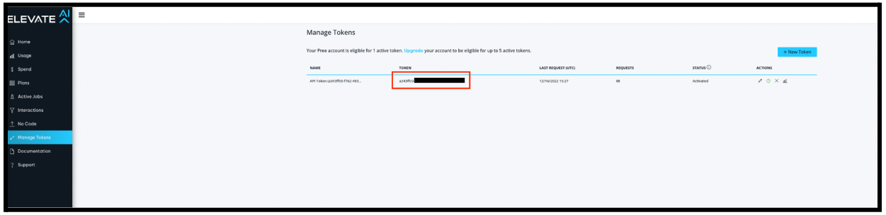 Manage Keys section for inputing API token.