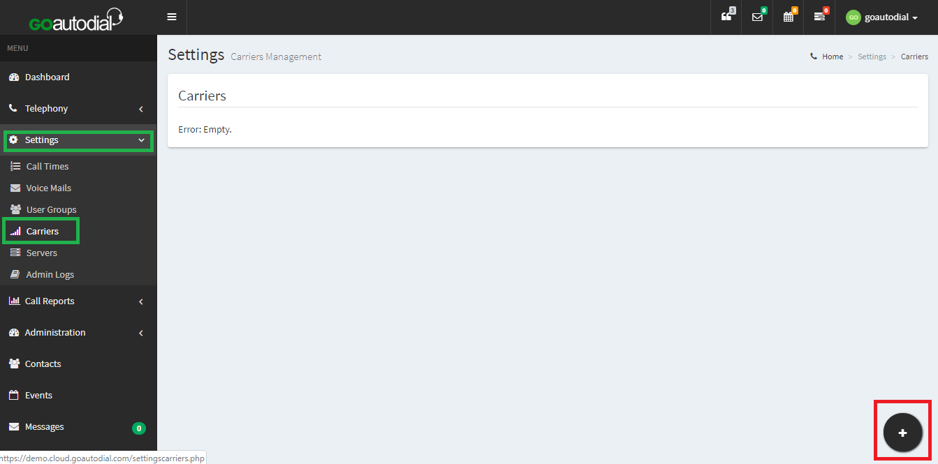 The GOautodial dashboard page.