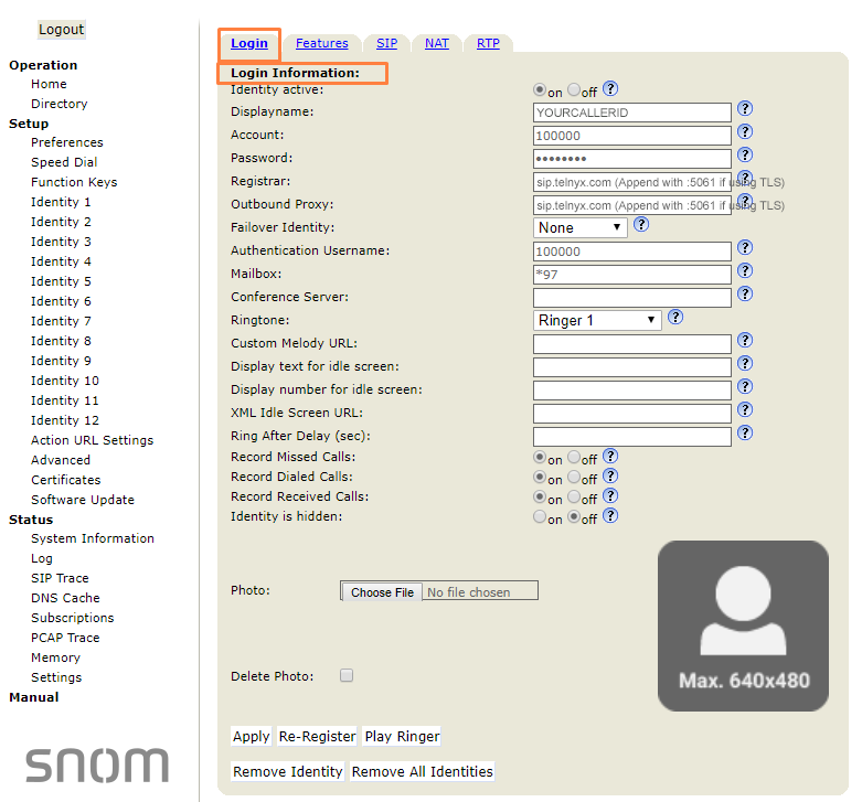Login tab section.