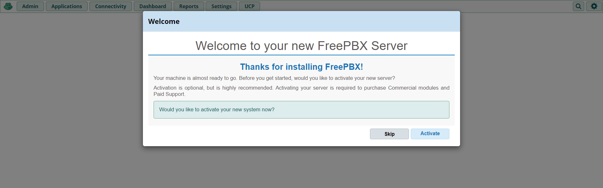 FreePBX server welcome page.