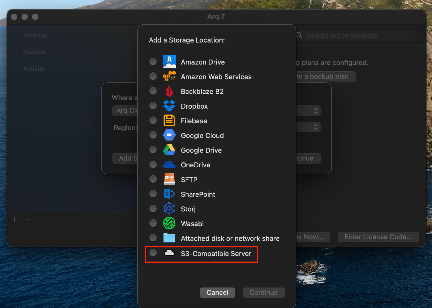 S3-Compatible Server button.