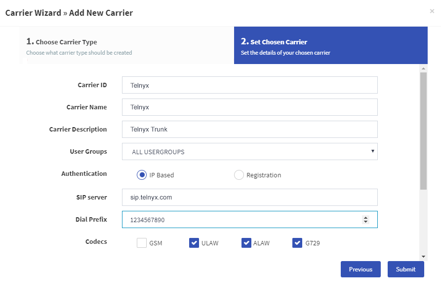 The GOautodial dashboard page 2 for new carrier wizard.