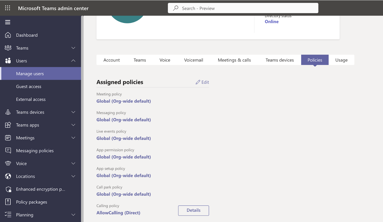 Assigned policies section.