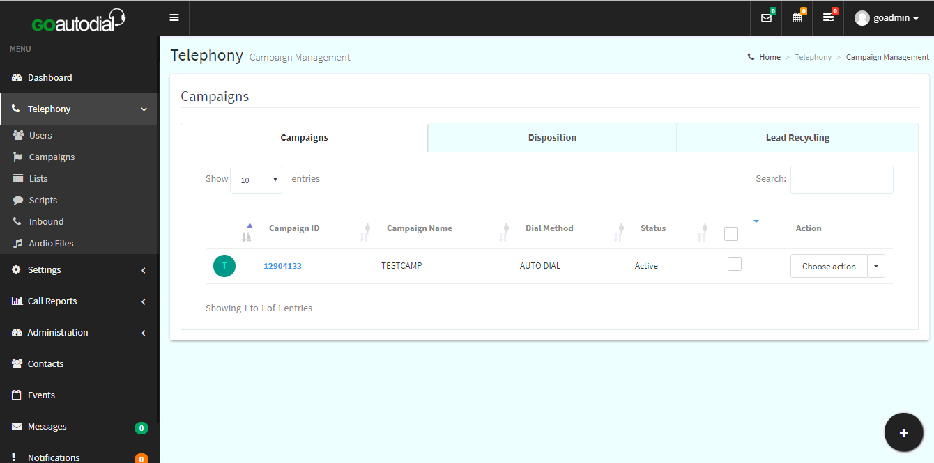 An administrator portal to set up an outbound campaign.