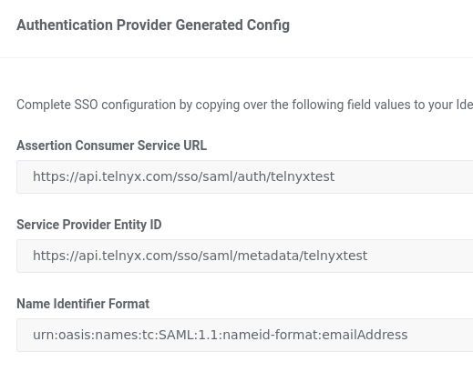 Authentication Provider Generated Config page.