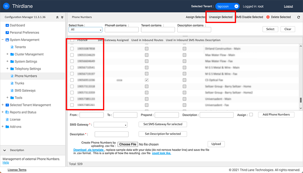 Page to unassign numbers from the tenant.