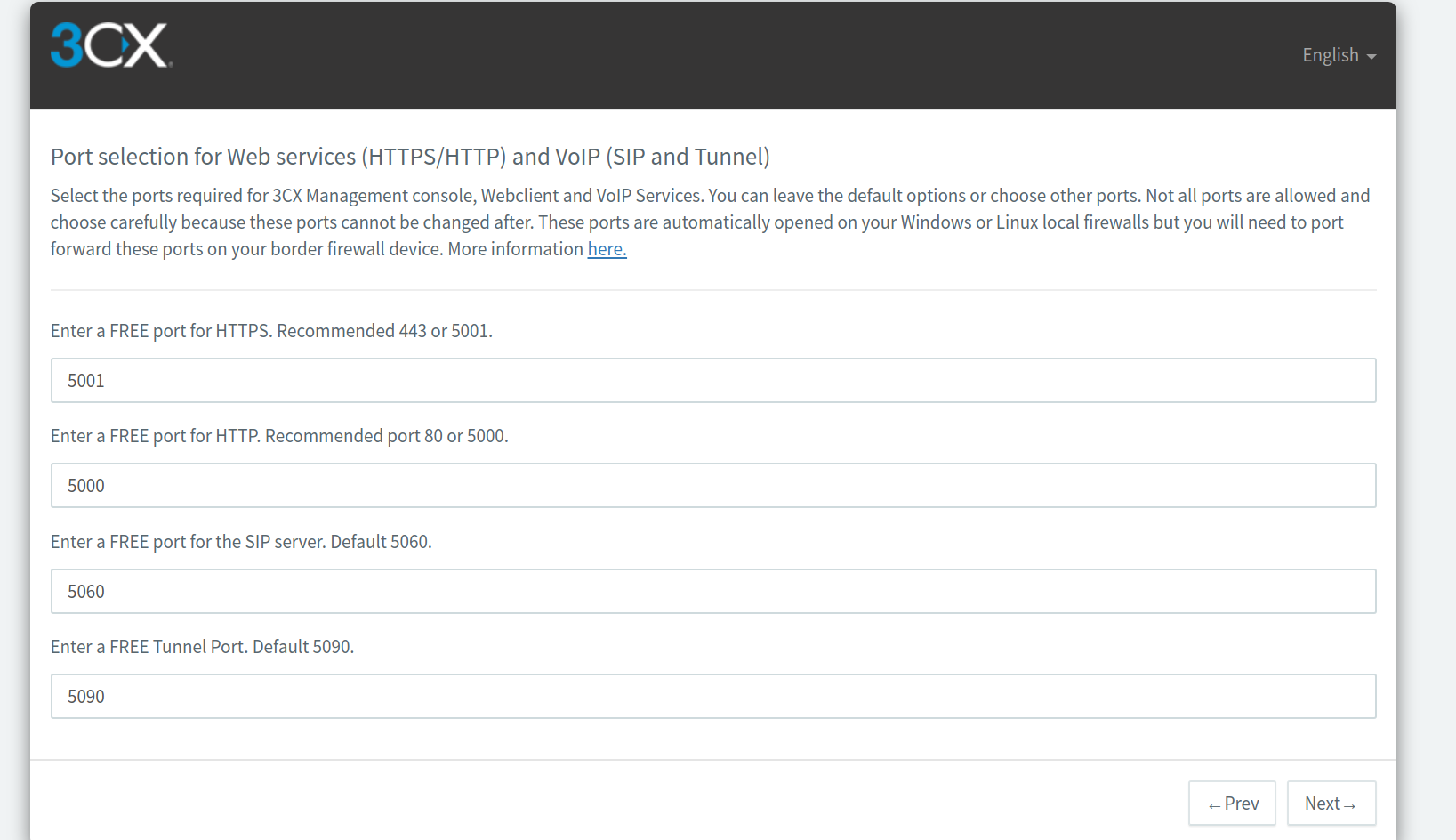 Port selection for web services installation page.