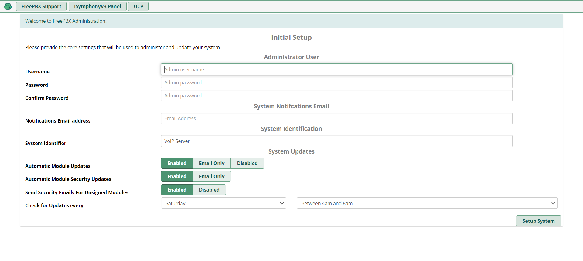 FreePBX support initial setup interface.