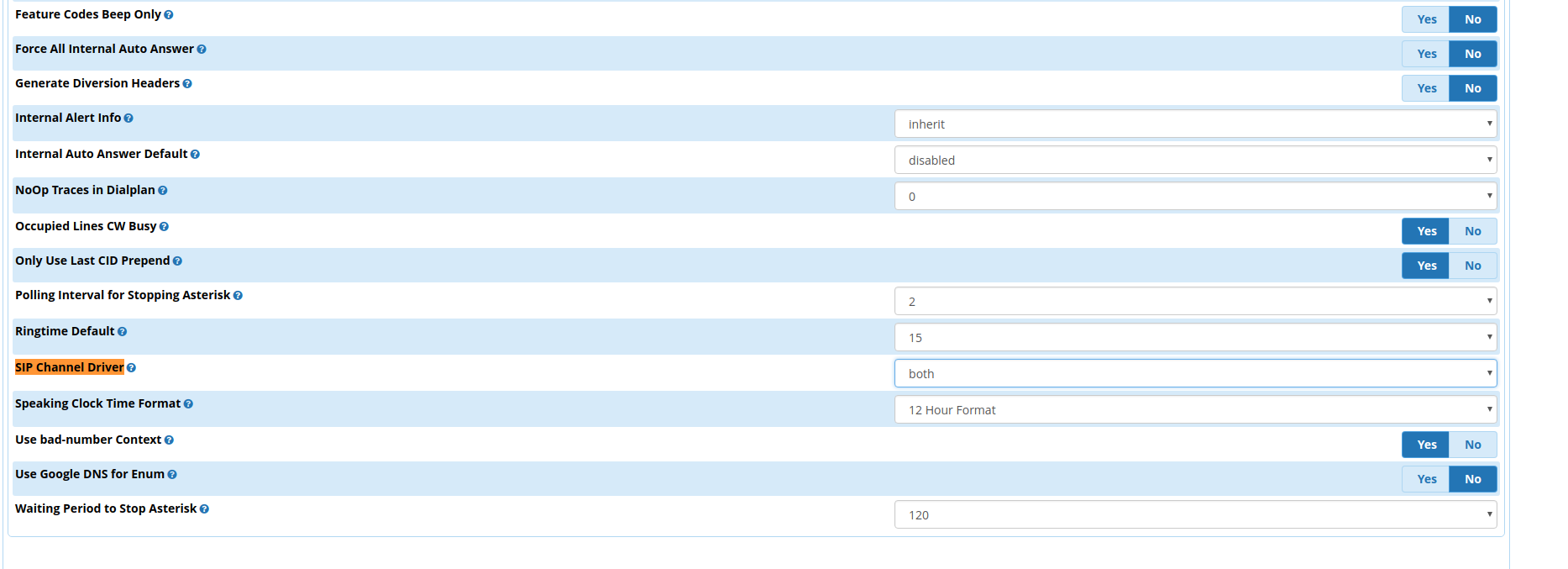 FreePBX settings section for advanced settings.