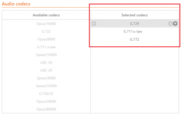 Selected Codecs of the Audio codecs section. 